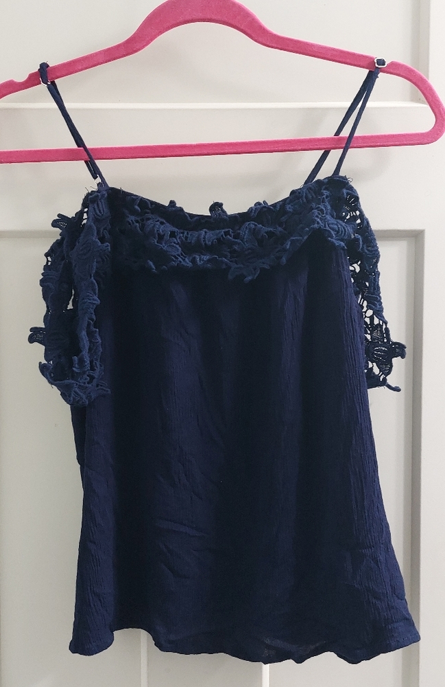 Blue tank with lace on shoulder
